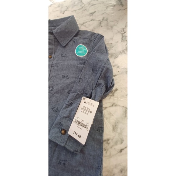 Carters Child of Mine Boy 2T Shirt Button Down NWT Tiger Print Chambray Preppy - Picture 3 of 6